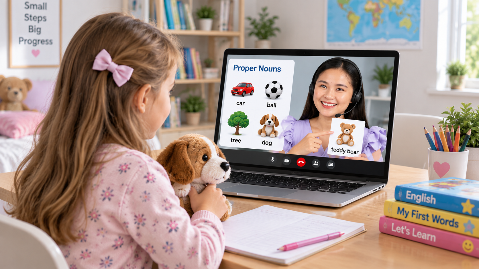 Child in headphones learning online