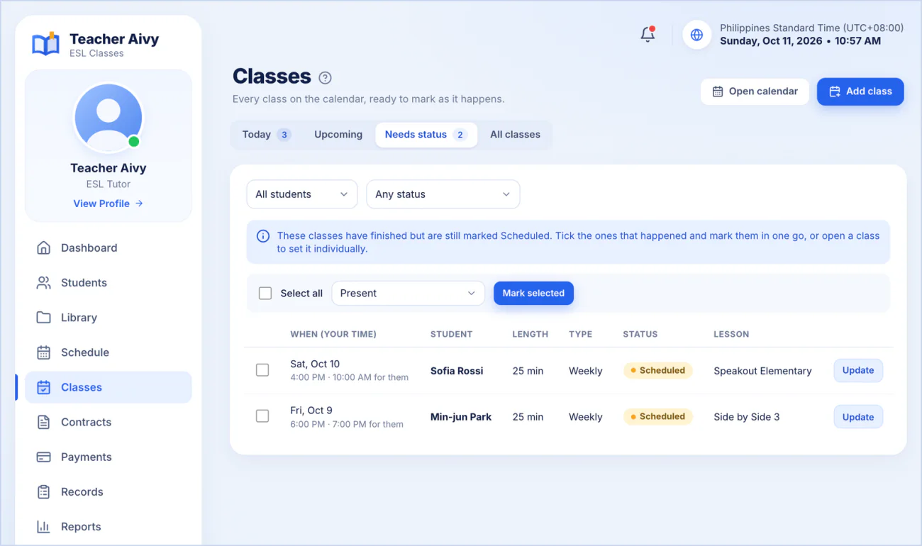 The Classes page with finished classes waiting to be marked in one go