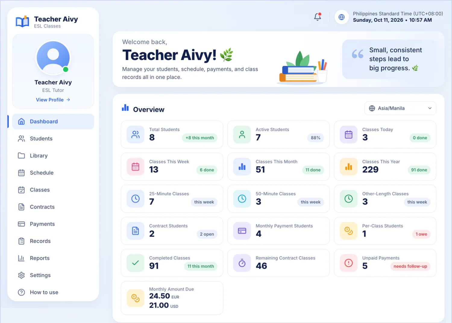 The Tudlo Tracker dashboard showing students, classes this week and payments at a glance