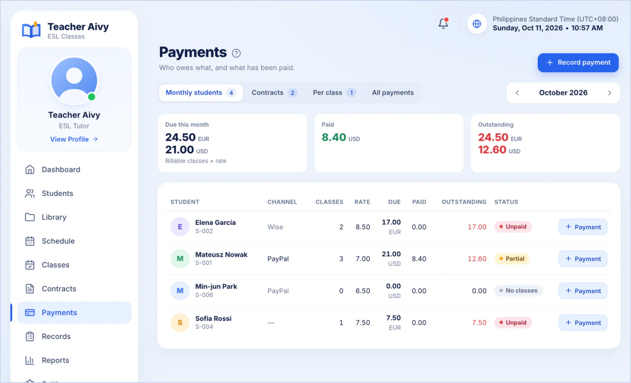 The Payments page showing what is due, paid and outstanding for each student