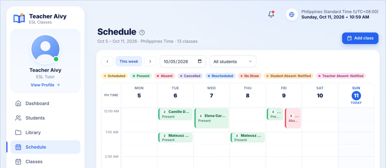 The weekly schedule calendar with present and absent classes in different colours