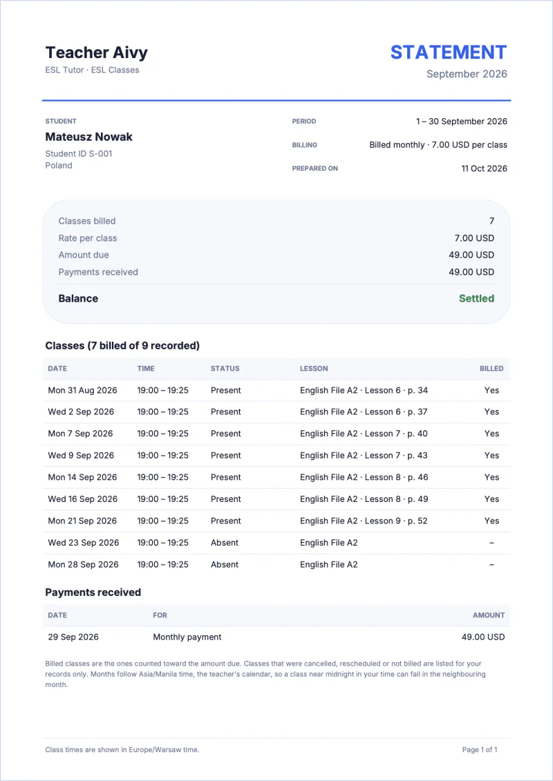 A PDF statement for a student listing classes, payments received and the balance
